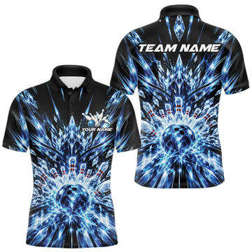 Maxcorners Custom Icy Blue Crystal Ice Bowling League Team Polo Shirt For Men, Bowling Jersey