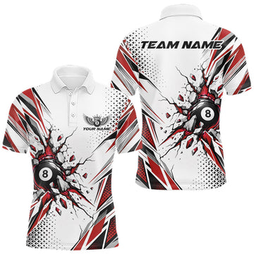 Maxcorners Custom White And Red 8 Ball Billiard Jersey, Billiard Impact Men Polo Shirt Team Outfit