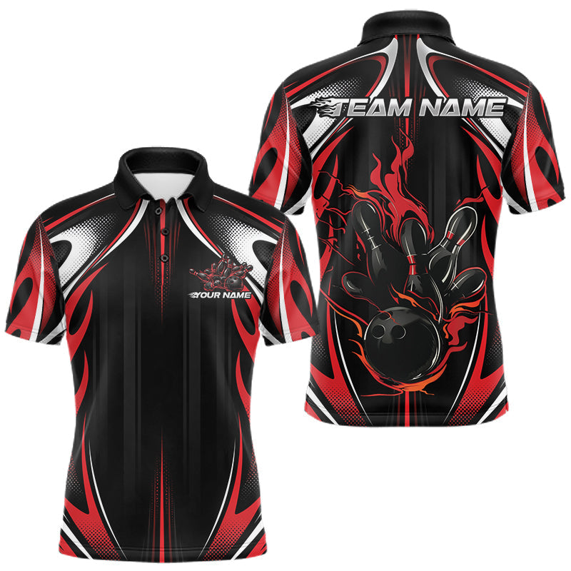 Maxcorners Custom Black And Red Flame Bowling Team Jersey, Bowling League Men Polo Shirt