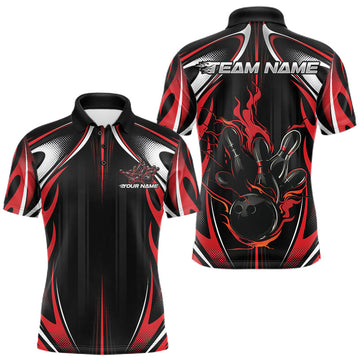 Maxcorners Custom Black And Red Flame Bowling Team Jersey, Bowling League Men Polo Shirt
