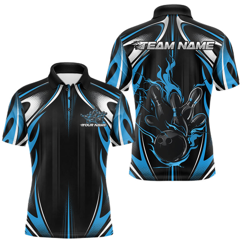 Maxcorners Custom Black And Teal Blue Flame Bowling Team Jersey, Bowling League Men Polo Shirt