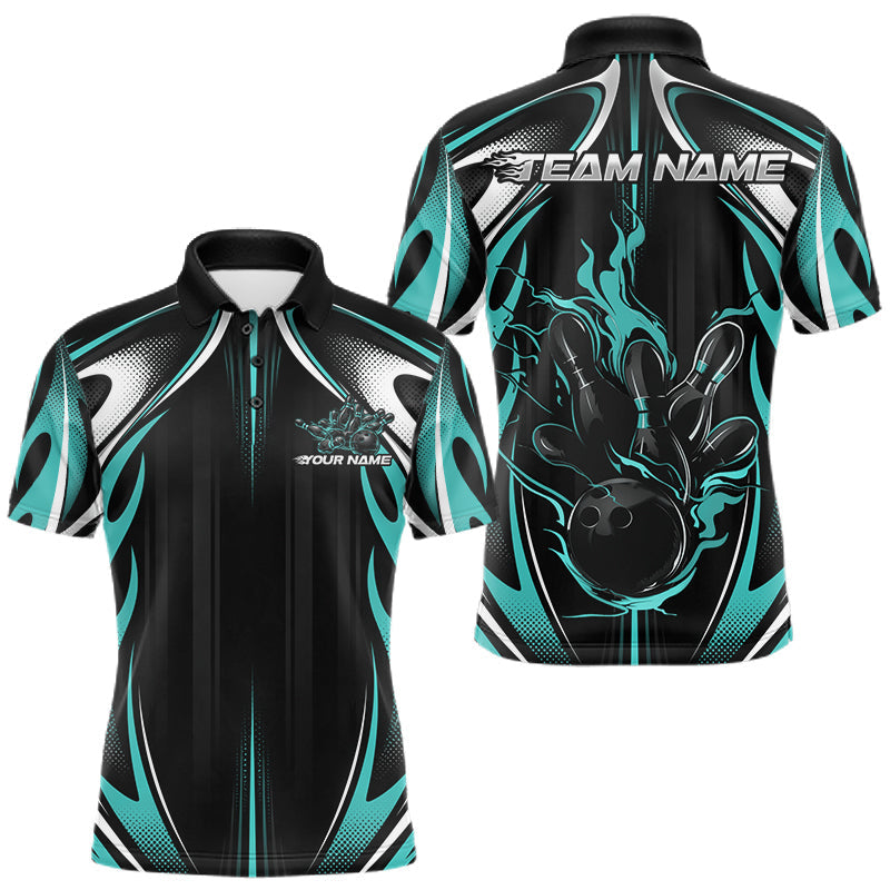 Maxcorners Custom Turquoise Blue Flame Bowling Team Jersey, Bowling League Men Polo Shirt