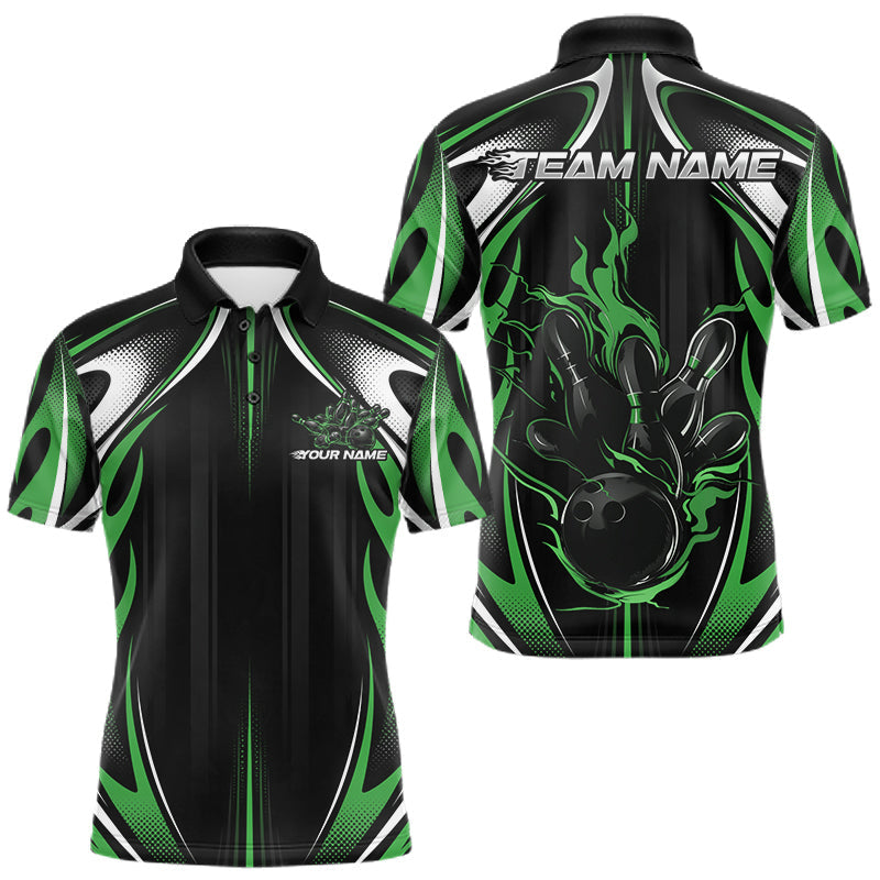 Maxcorners Custom Black And Green Flame Bowling Team Jersey, Bowling League Men Polo Shirt