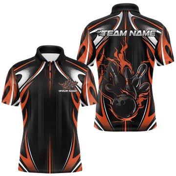 Maxcorners Custom Black And Orange Flame Bowling Team Jersey, Bowling League Men Polo Shirt