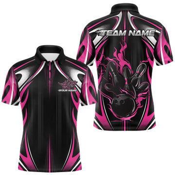 Maxcorners Custom Black And Pink Flame Bowling Team Jersey, Bowling League Men Polo Shirt