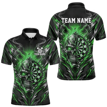 Maxcorners Custom Black And Green Flame Smoke Skull Dart Men Polo Shirt, Halloween Dart Outfit LM1910