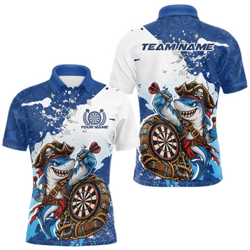 Maxcorners Custom Blue Splatter Funny Shark Pirate Dart Team Men Polo Shirt, Dart Jersey LM1910