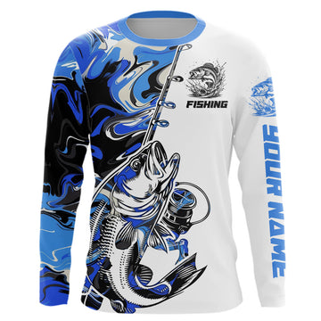 Maxcorners Personalized Largemouth Bass Fishing Blue Camo Long Sleeve Fishing Shirts For Men LM0201
