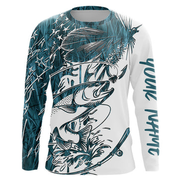 Maxcorners Custom Patriotic Trout Blue Camo Fly Fishing Long Sleeve Shirts, US Flyfishing Shirt 
 LM0201