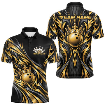 Maxcorners Custom Black And Gold Tribal Crown Bowling Men Polo Shirt, Bowling League Team Shirt LM2709