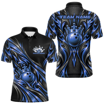 Maxcorners Custom Black And Blue Tribal Crown Bowling Men Polo Shirt, Bowling League Team Shirt LM2709