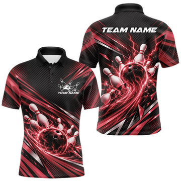 Maxcorners Custom Red Lightning Bowling Team Men Polo Shirt, Bowling League Bowler Outfit LM2709