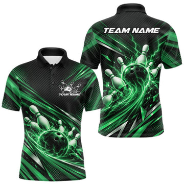 Maxcorners Custom Green Lightning Bowling Team Men Polo Shirt, Bowling League Bowler Outfit LM2709