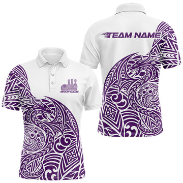 Maxcorners Custom Purple And White Tribal Dragon Men Bowling Polo Shirt, Polynesian Bowling Shirt
