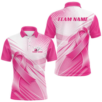 Maxcorners Custom Breast Cancer Awareness Pink Ribbon Bowling Men Polo Shirt, Bowling League Shirt LM0409
