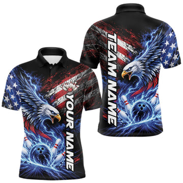 Maxcorners Custom Patriotic American Eagle Bowling Jerseys, US Flag Bowling Men Polo Shirt LM0410
