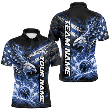 Maxcorners Custom Patriotic Blue American Eagle Bowling Jerseys, US Flag Bowling Men Polo Shirt LM0410