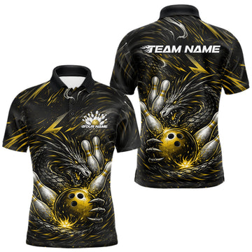 Maxcorners Custom Black And Gold Dragon Bowling Jerseys, Dragon Bowling Team Men Polo Shirt