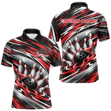 Maxcorners Custom Black And Red Flame Bowling Shirt For Men, Bowling Team Jersey Polo Shirt LM0510