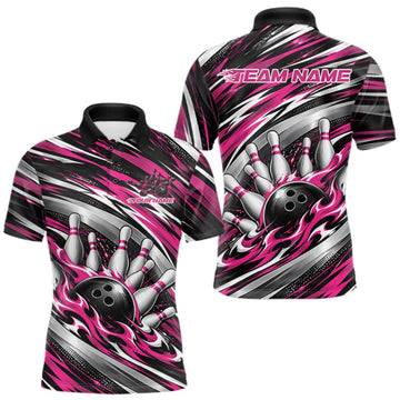 Maxcorners Custom Black And Pink Flame Bowling Shirt For Men, Bowling Team Jersey Polo Shirt LM0510