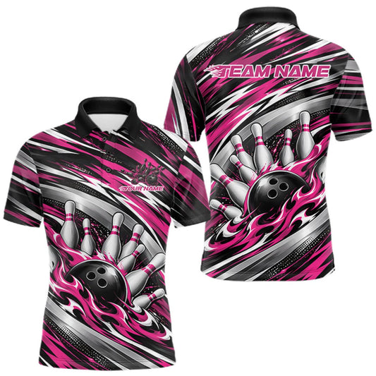 Maxcorners Custom Black And Pink Flame Bowling Shirt For Men, Bowling Team Jersey Polo Shirt LM0510