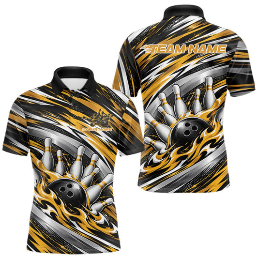 Maxcorners Custom Black And Gold Flame Bowling Shirt For Men, Bowling Team Jersey Polo Shirt LM0510