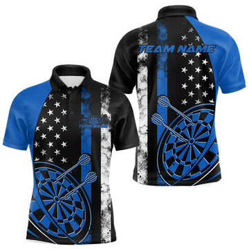 Maxcorners Custom Blue Thin Line US Flag Patriotic Dartboard Dart Men Polo Team Shirts, Dart Jerseys LM1903