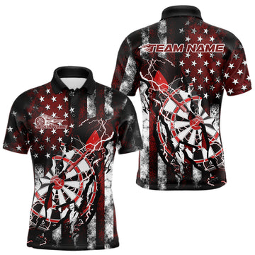 Maxcorners Custom Red Thunder Lightning Patriotic Dart Team Polo Shirts For Men, Dart Jerseys LM1903