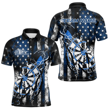 Maxcorners Custom Blue Thunder Lightning Patriotic Dart Team Polo Shirts For Men, Dart Jerseys LM1903