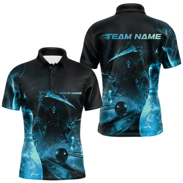 Maxcorners Custom Blue Fire Flame Grim Reaper Bowling Polo Shirts For Men, Halloween Bowlers Outfit LM1203