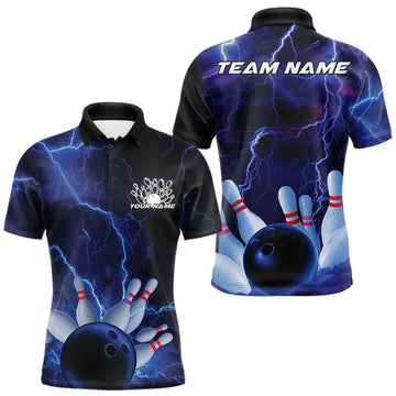 Maxcorners Custom Blue Thunder Lightning Bowling Ball And Pins Polo Shirts For Men, Team Uniform LM1203