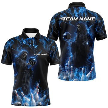 Maxcorners Custom Blue Flame Grim Reaper Bowling Polo Shirts For Men, Halloween Bowling Outfit LM1203