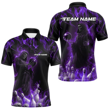 Maxcorners Custom Purple Flame Grim Reaper Bowling Polo Shirts For Men, Halloween Bowling Outfit LM1203