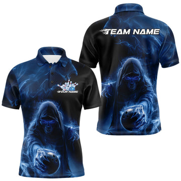 Maxcorners Custom Black And Blue Smoke Flame Grim Reaper Halloween Bowling Men Polo Shirts LM1203