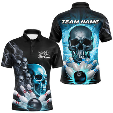 Maxcorners Custom Blue Glowing Ghostly Skull Bowling Polo Shirts For Men, Halloween Bowlers LM1203