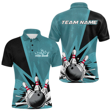 Maxcorners Custom Blue Bowling Jerseys, Bowling Team Men Polo Shirts Bowling League Shirt LM3006