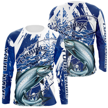Maxcorners Custom Blue Camo Chinook King Salmon Saltwater Fishing Long Sleeve Performance Fishing Shirts LM0201
