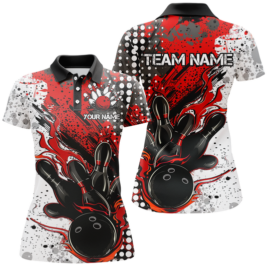 Maxcorners Red And Black Flame Bowling Team Shirts, Strike Bowling Short Sleeve Polo Shirts For Men