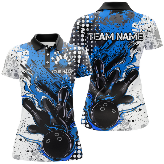Maxcorners Blue And Black Flame Bowling Team Shirts, Strike Bowling Short Sleeve Polo Shirts For Men