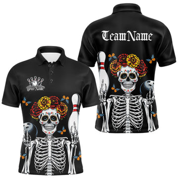 Maxcorners Custom Sugar Skull Bowling Team Men Polo Shirts, Funny Halloween Bowling Outfit LM1203
