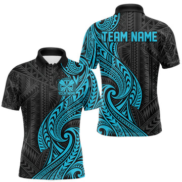 Maxcorners Custom Black And Turquoise Tribal Dart Men Polo Shirt, Dart Team League Shirt