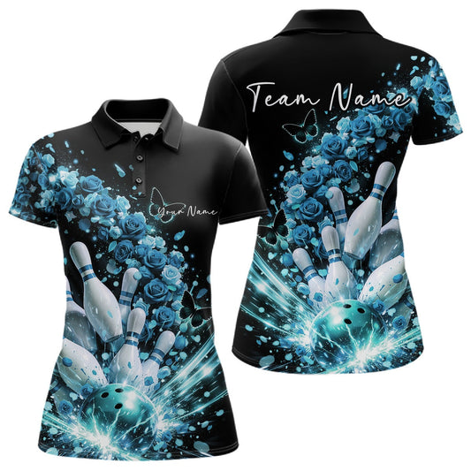 Custom Blue Roses And Butterfly Women Bowling Shirt, Flower Ladies Bowling League Shirt LM1203