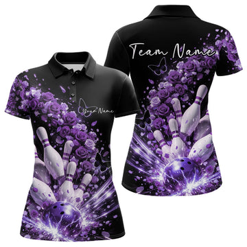 Custom Purple Roses And Butterfly Women Bowling Shirt, Flower Ladies Bowling League Shirt LM1203