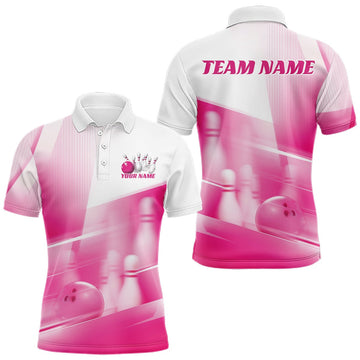 Maxcorners Custom White And Pink Bowling Ball And Pins Team Polo Shirt For Men, Bowling Jerseys