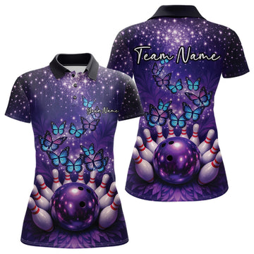 Custom Blue And Purple Buttefly Ladies Bowling Team Shirt, Women Bowler Outfits LM1203