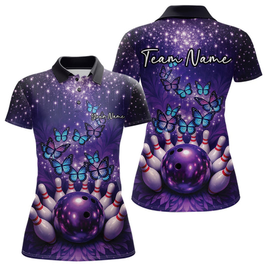 Custom Blue And Purple Buttefly Ladies Bowling Team Shirt, Women Bowler Outfits LM1203