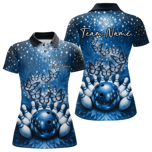 Custom Blue Buttefly Ladies Bowling Team Shirt, Women Bowling Polo Shirt LM1203