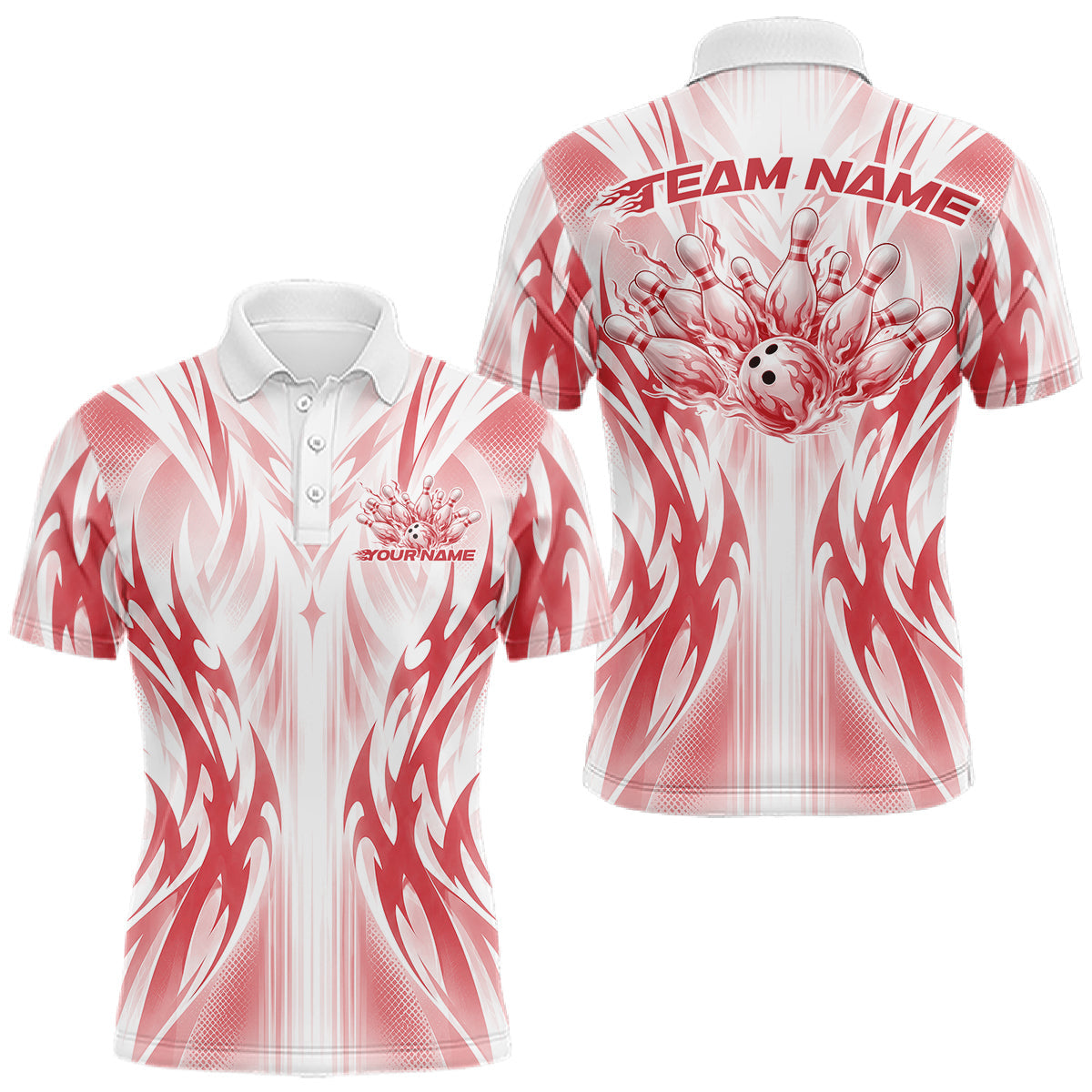Maxcorners Custom Red Flame Tribal Bowling Men Polo Shirt, Bowling League Shirt Team Jersey