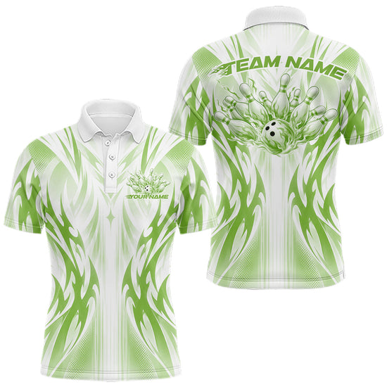 Maxcorners Custom Green Flame Tribal Bowling Men Polo Shirt, Bowling League Shirt Team Jersey