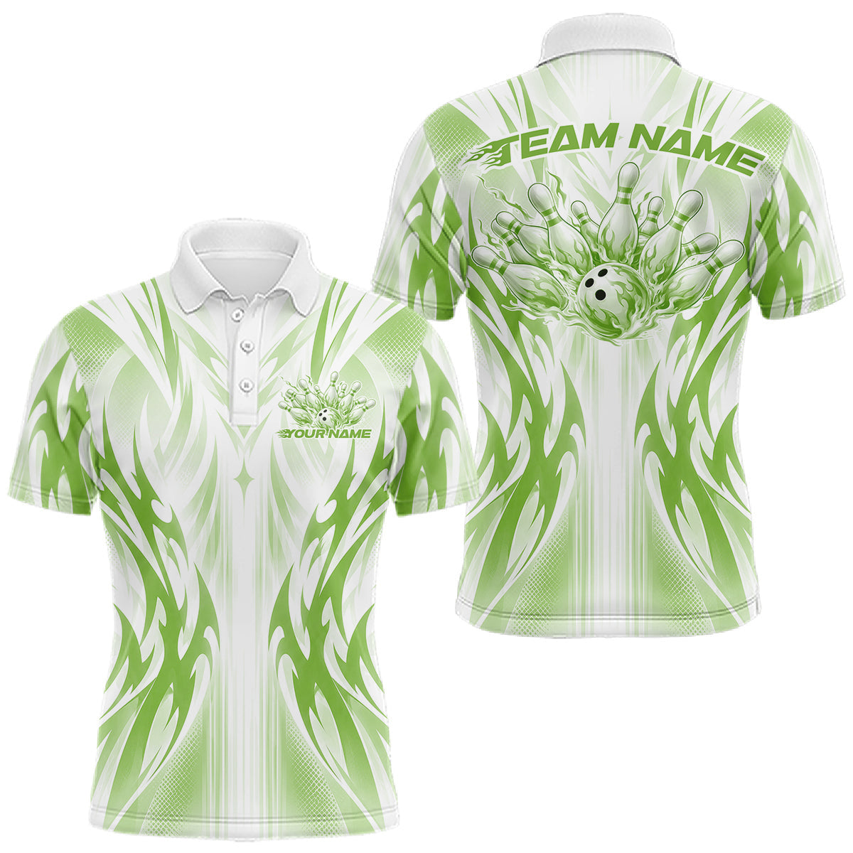 Maxcorners Custom Green Flame Tribal Bowling Men Polo Shirt, Bowling League Shirt Team Jersey